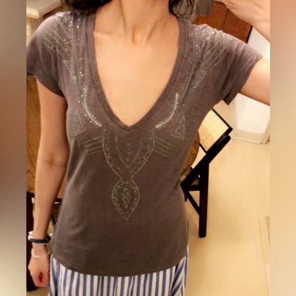 Threads 4 Thought Grey Beaded V Neck Tee - Picture 3 of 7